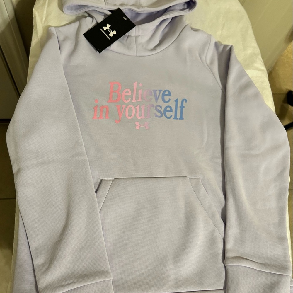 NWT Under Armour Loose Fit “Believe In Yourself “ Lilac Hoodie/Size Youth Medium